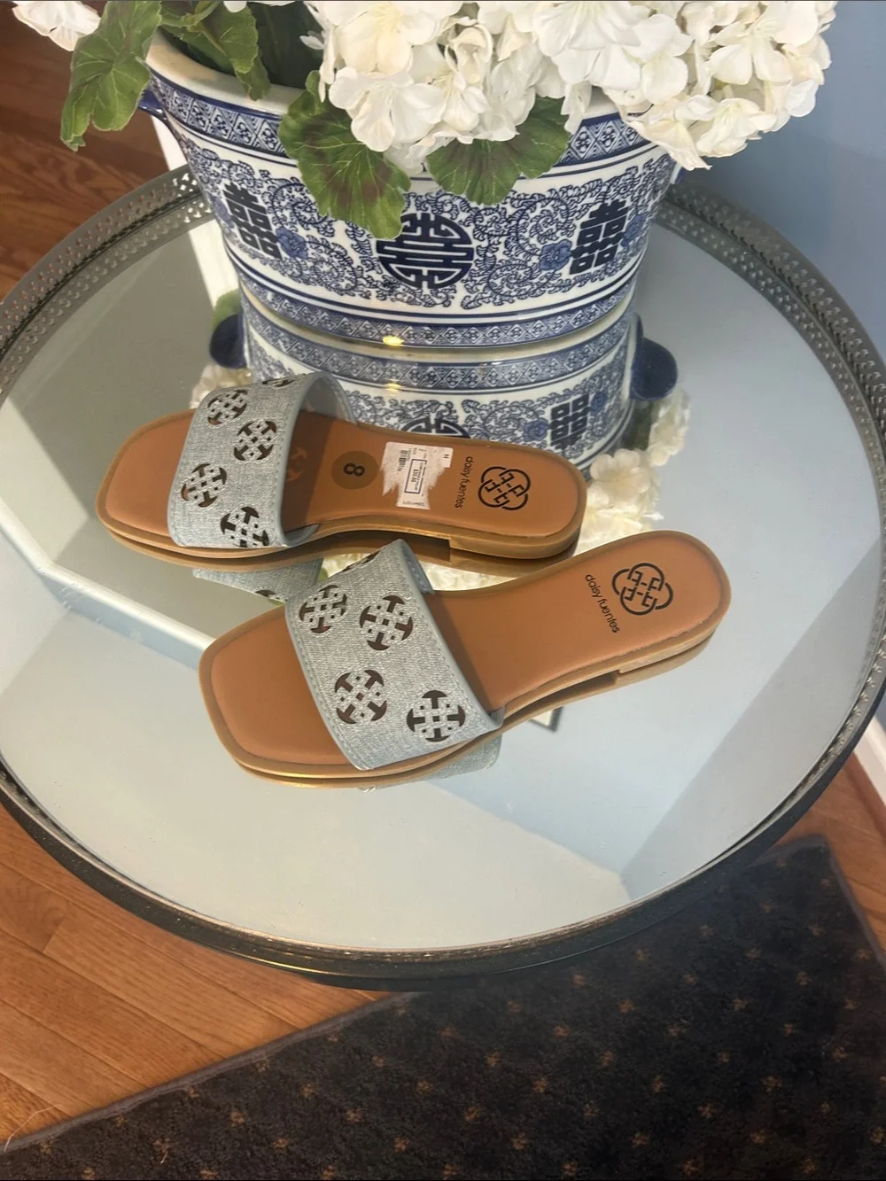 DAISY FUENTES PALE BLUE Logo Slide Sandals with Tan Footbed